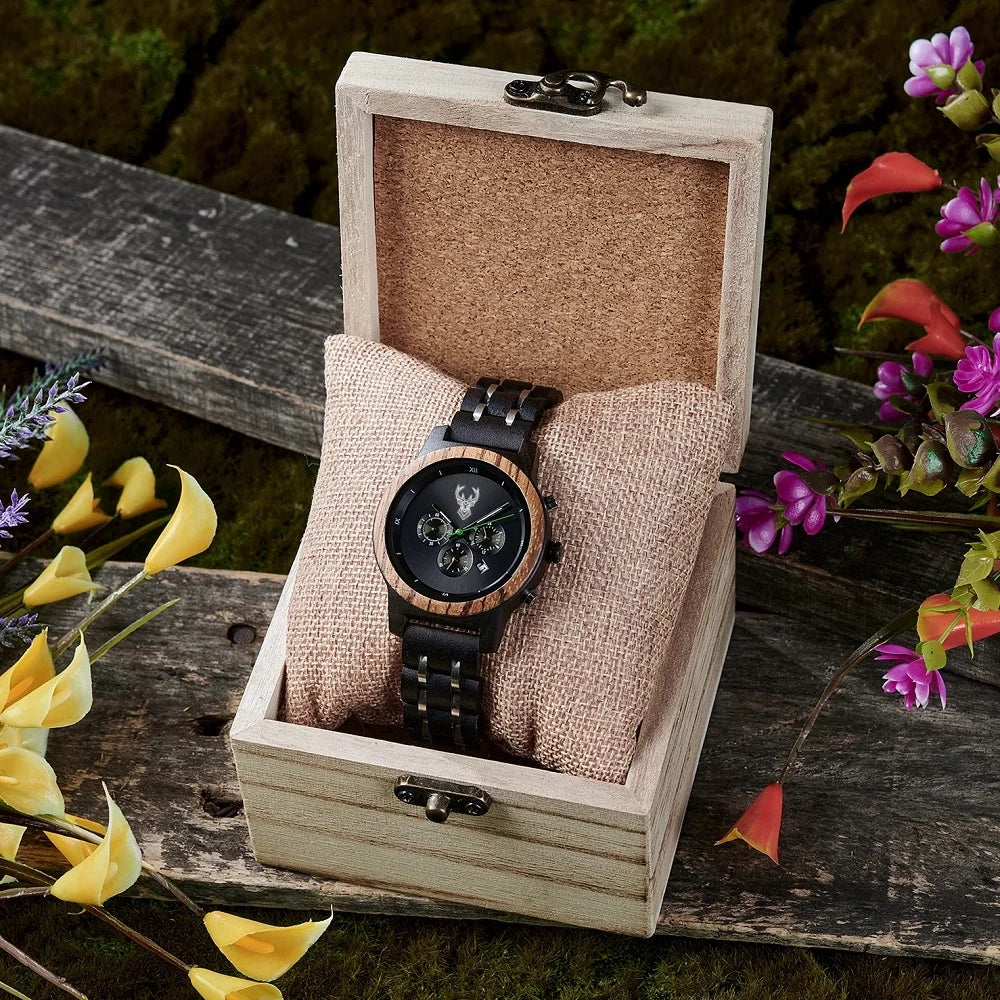 BUCK Wooden Women's Watches 3 Sub Dials Chronograph