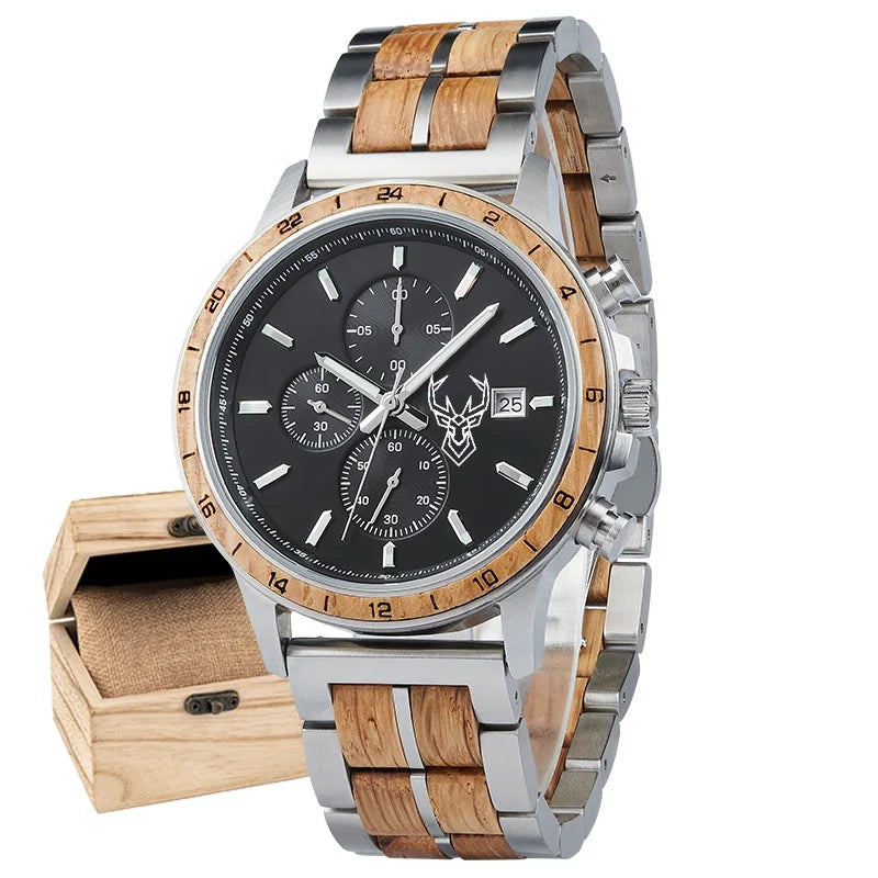 BUCK WATCHES Luxury Men's Watches Wood & Stainless Combined Chronograph Military Quartz Wristwatches