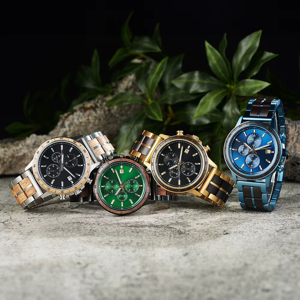 BUCK WATCHES Luxury Men's Watches Wood & Stainless Combined Chronograph Military Quartz Wristwatches