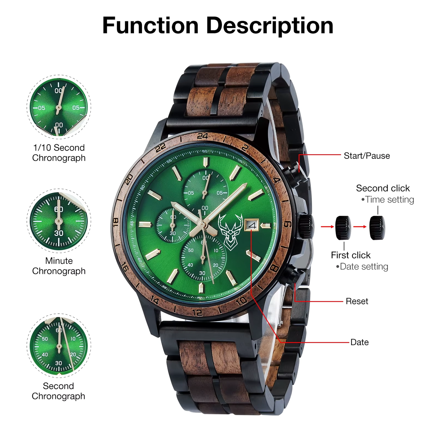 BUCK WATCHES Luxury Men's Watches Wood & Stainless Combined Chronograph Military Quartz Wristwatches
