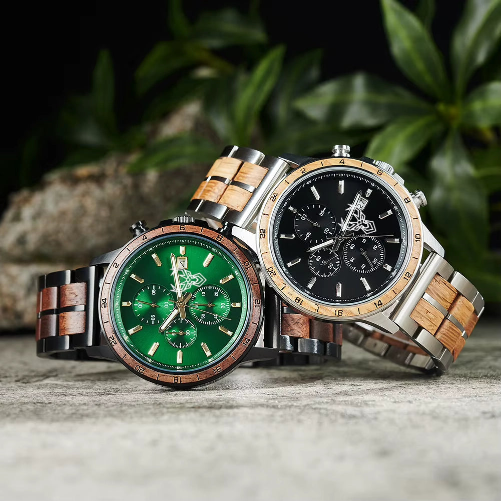 BUCK WATCHES Luxury Men's Watches Wood & Stainless Combined Chronograph Military Quartz Wristwatches