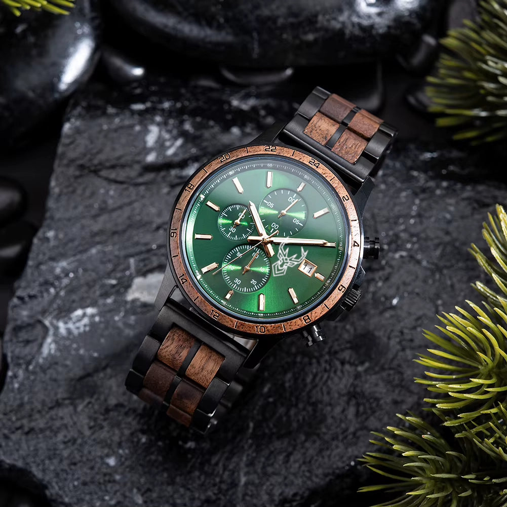 BUCK WATCHES Luxury Men's Watches Wood & Stainless Combined Chronograph Military Quartz Wristwatches