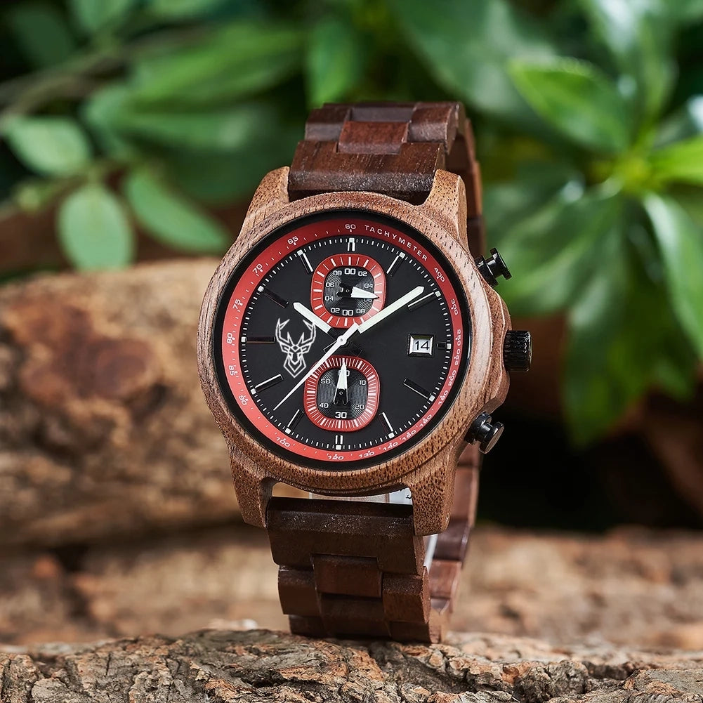 BUCK WATCHES Wood Watch Men Luxury Timepieces Chronograph Auto Date Male Quartz Wristwatches Great Gift For Men
