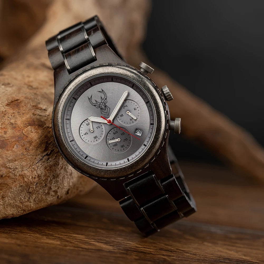 BUCK Luxury Mens Watches Fashion Men Wooden Quartz Wrist Watch for Man Business Casual Multifunctional Chronograph