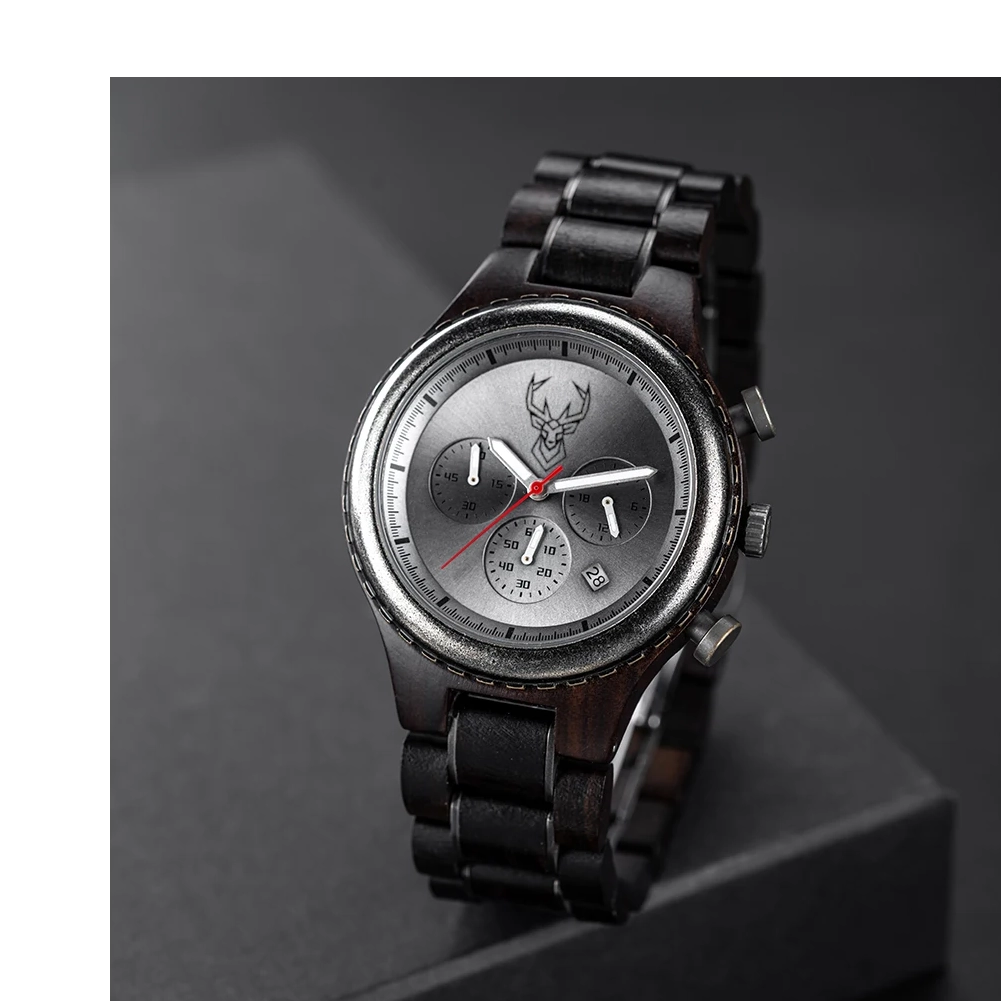 BUCK Luxury Mens Watches Fashion Men Wooden Quartz Wrist Watch for Man Business Casual Multifunctional Chronograph