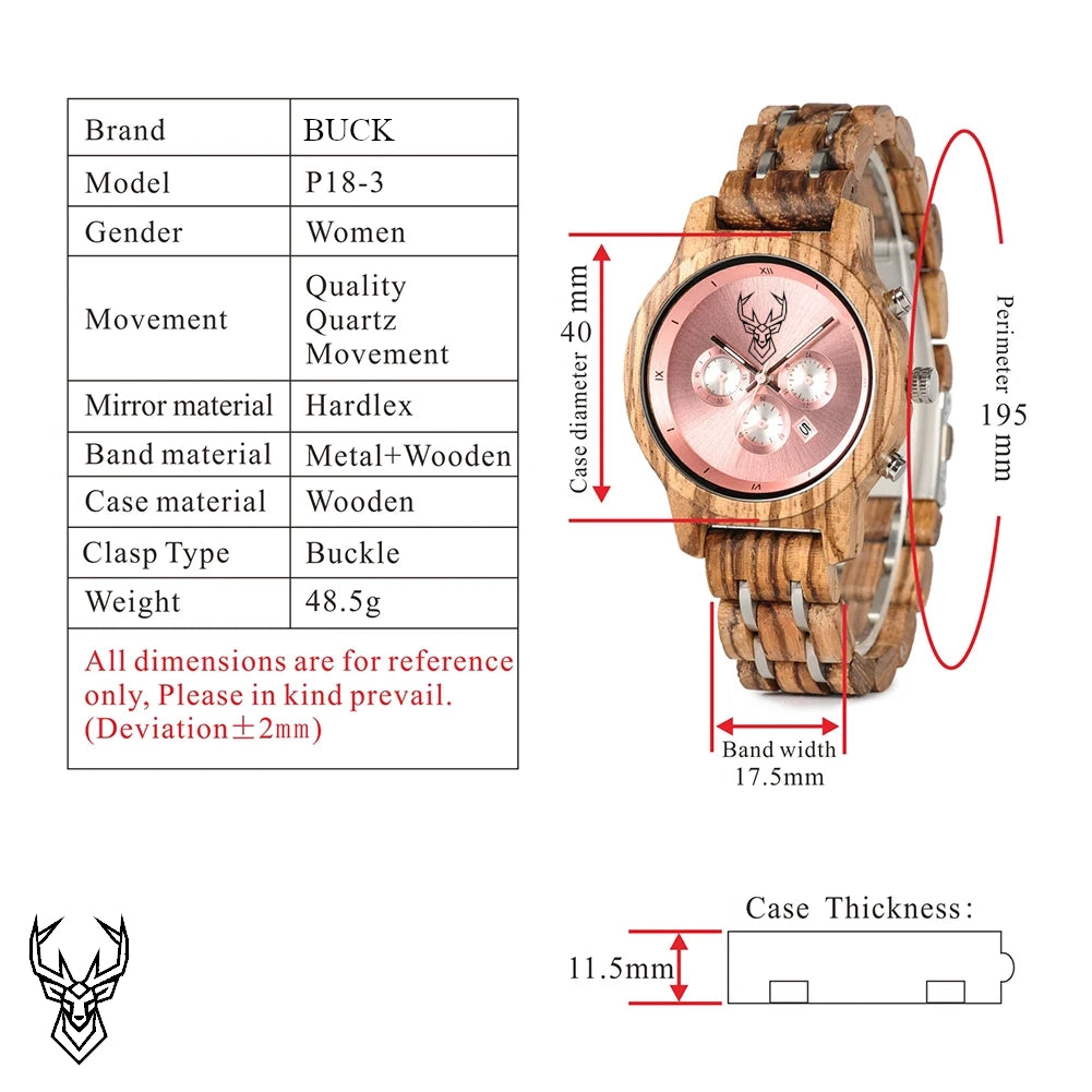 BUCK Wooden Women's Watches 3 Sub Dials Chronograph