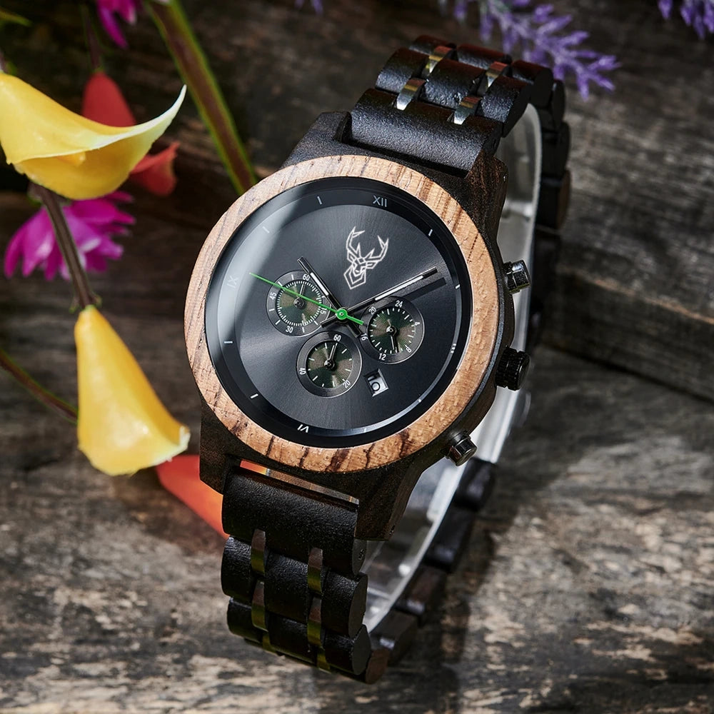 BUCK Wooden Women's Watches 3 Sub Dials Chronograph