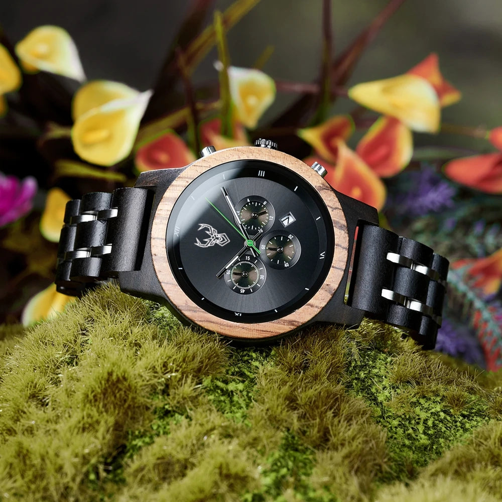 BUCK Wooden Women's Watches 3 Sub Dials Chronograph