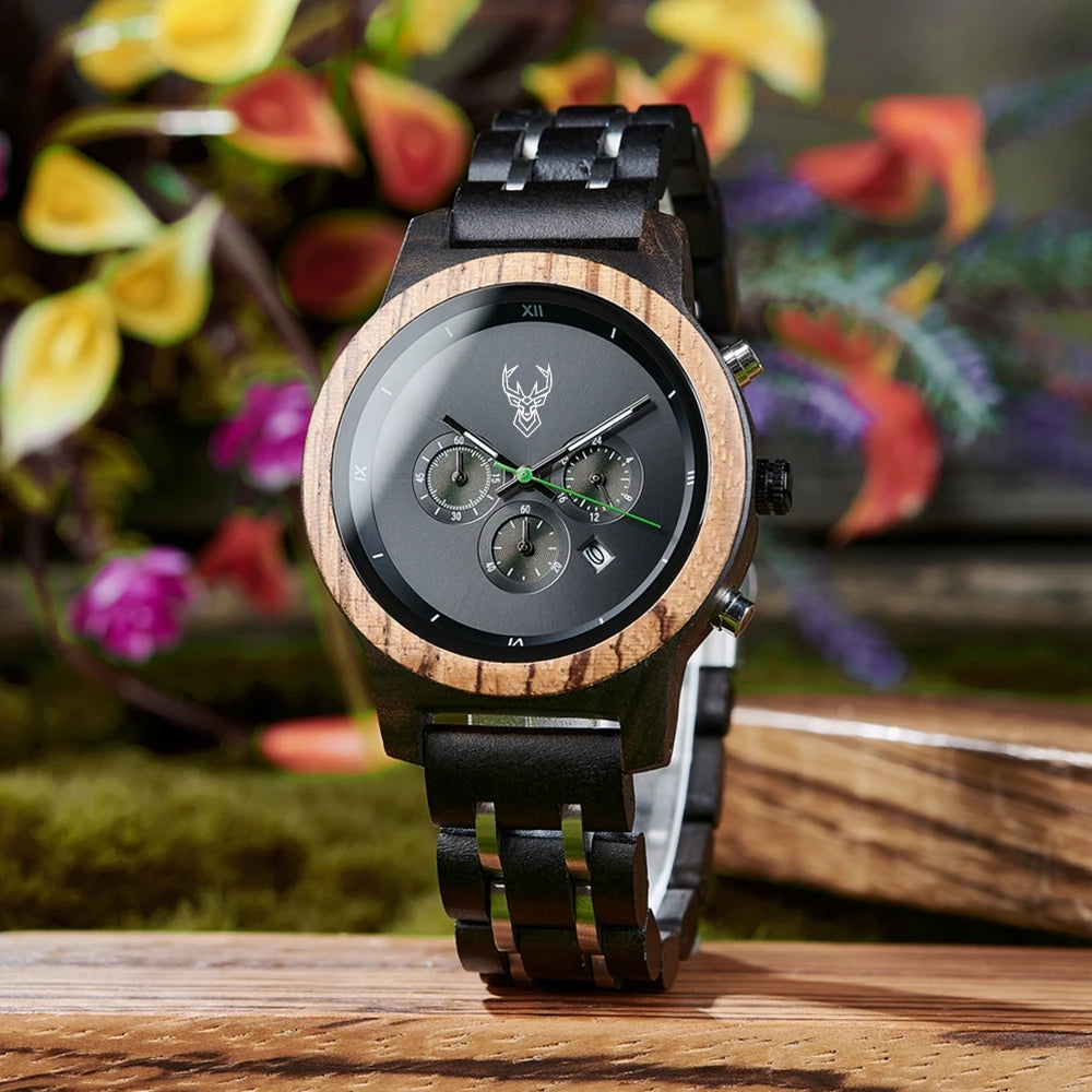 BUCK Wooden Women's Watches 3 Sub Dials Chronograph