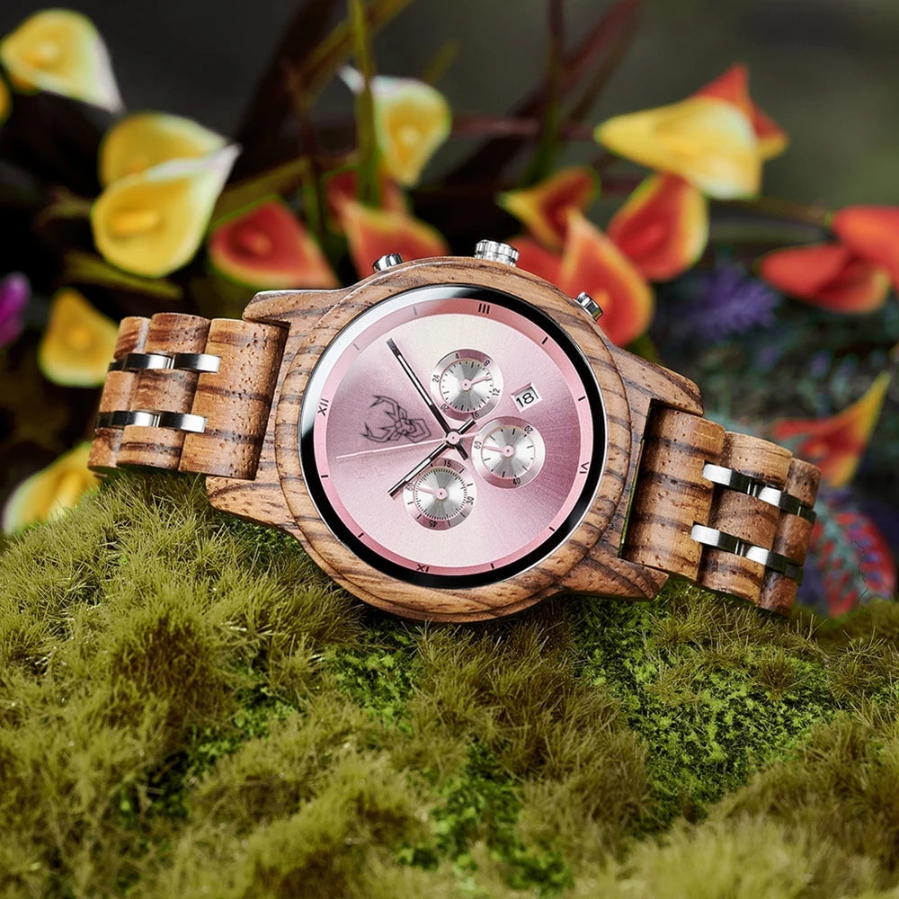 BUCK Wooden Women's Watches 3 Sub Dials Chronograph