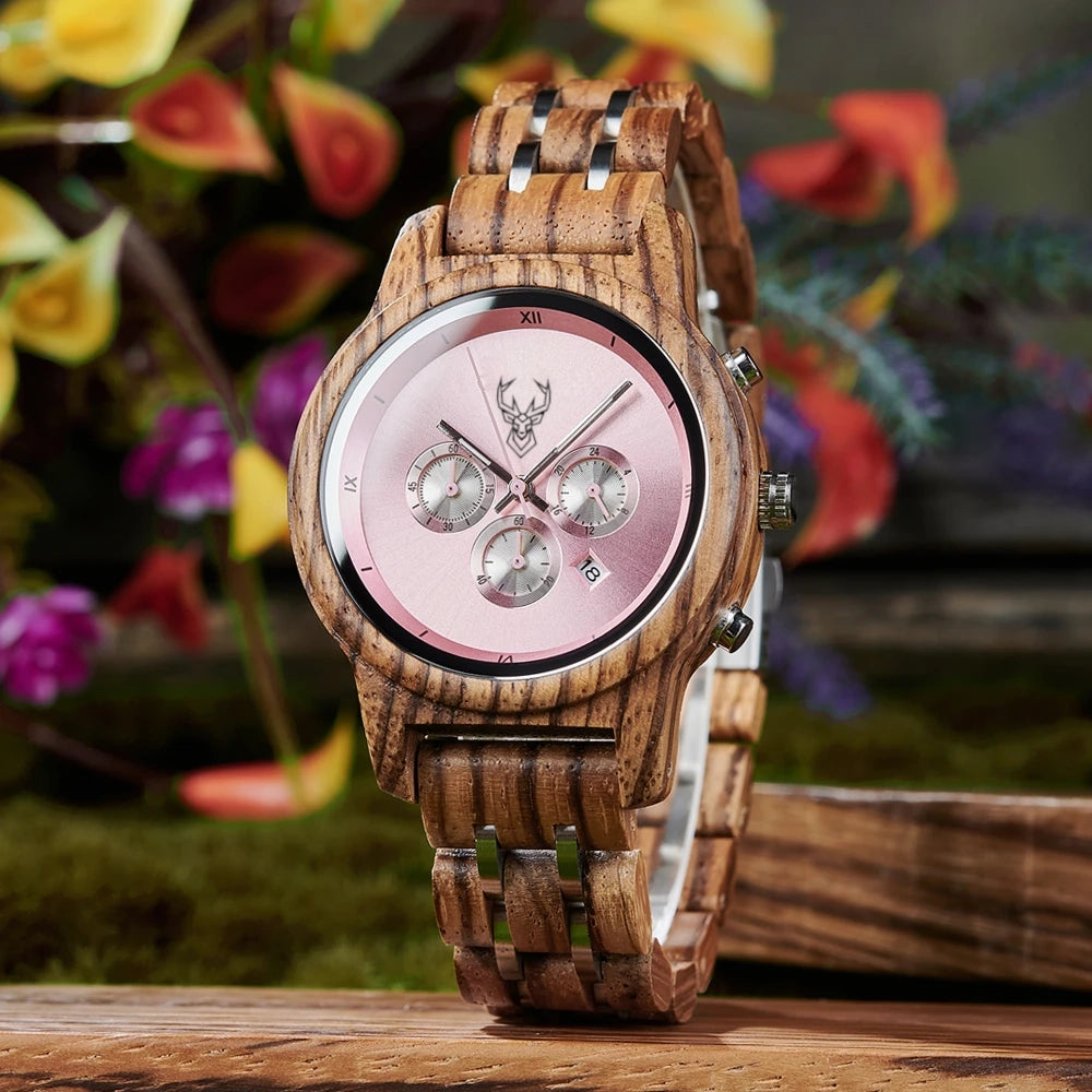 BUCK Wooden Women's Watches 3 Sub Dials Chronograph