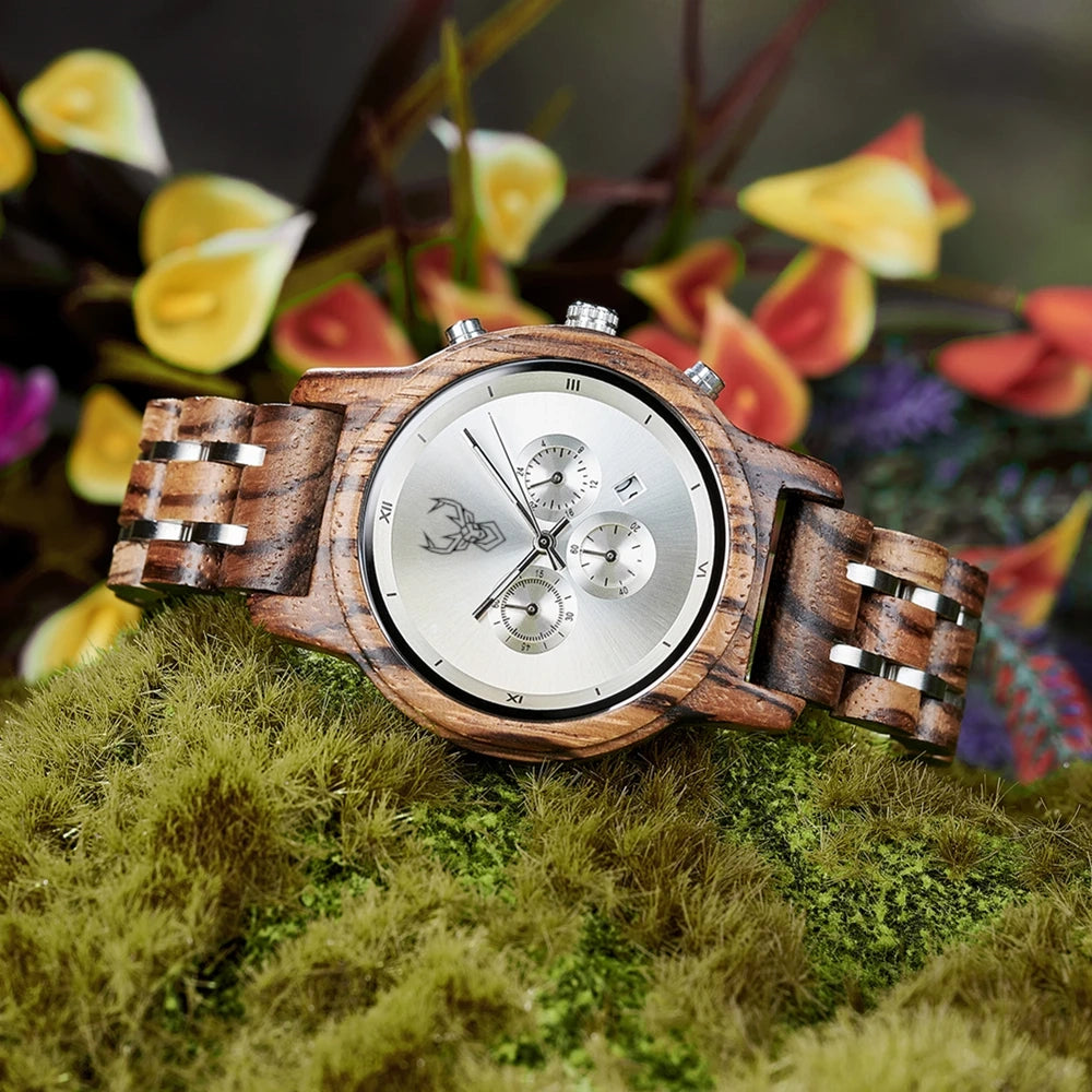 BUCK Wooden Women's Watches 3 Sub Dials Chronograph