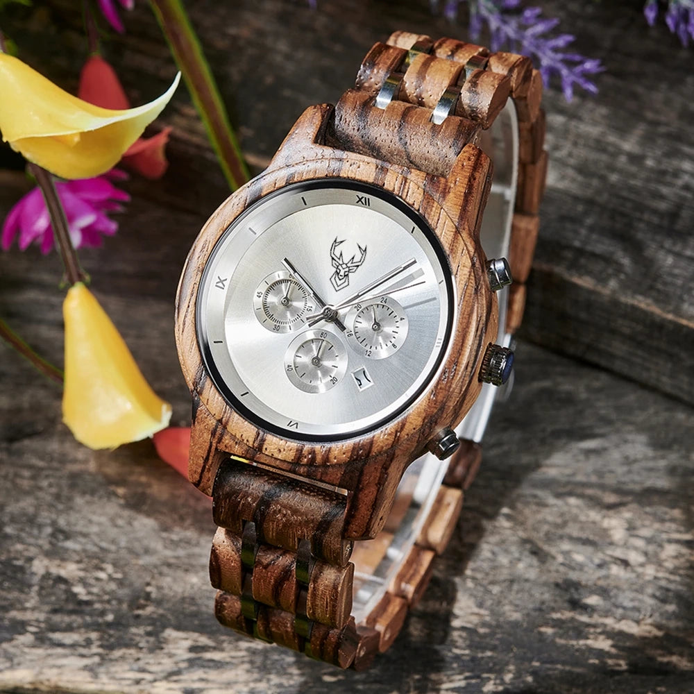 BUCK Wooden Women's Watches 3 Sub Dials Chronograph
