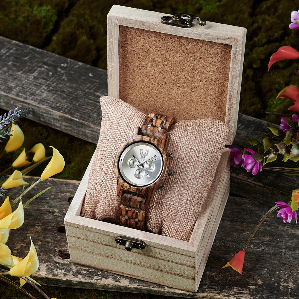 BUCK Wooden Women's Watches 3 Sub Dials Chronograph