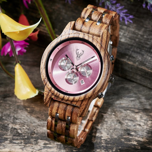 BUCK Wooden Women's Watches 3 Sub Dials Chronograph