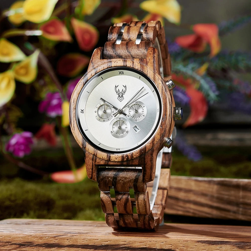 BUCK Wooden Women's Watches 3 Sub Dials Chronograph