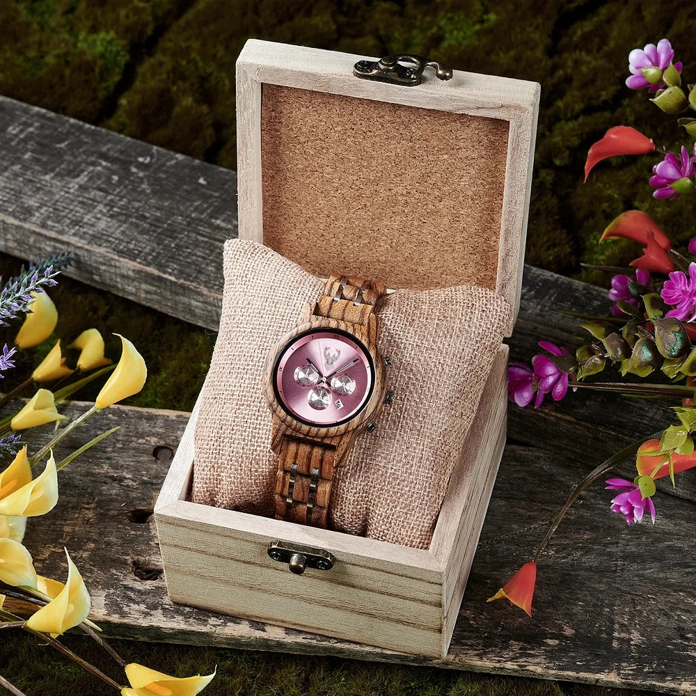 BUCK Wooden Women's Watches 3 Sub Dials Chronograph