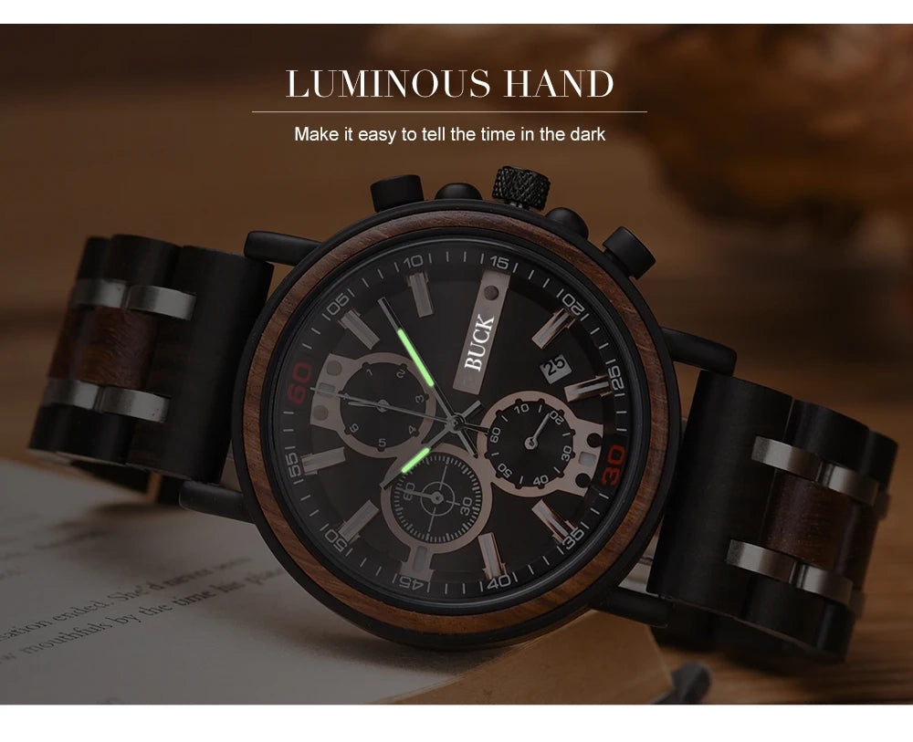 BUCK Wooden Watch Men Top Brand Luxury Stylish Chronograph Military Watches Wooden Box Logo Custom Great Gift reloj hombre