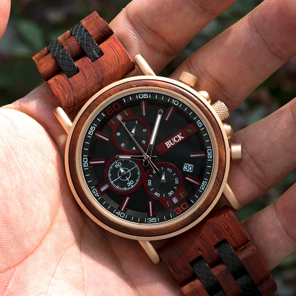 BUCK Wooden Watch Men Top Brand Luxury Stylish Chronograph Military Watches Wooden Box Logo Custom Great Gift reloj hombre