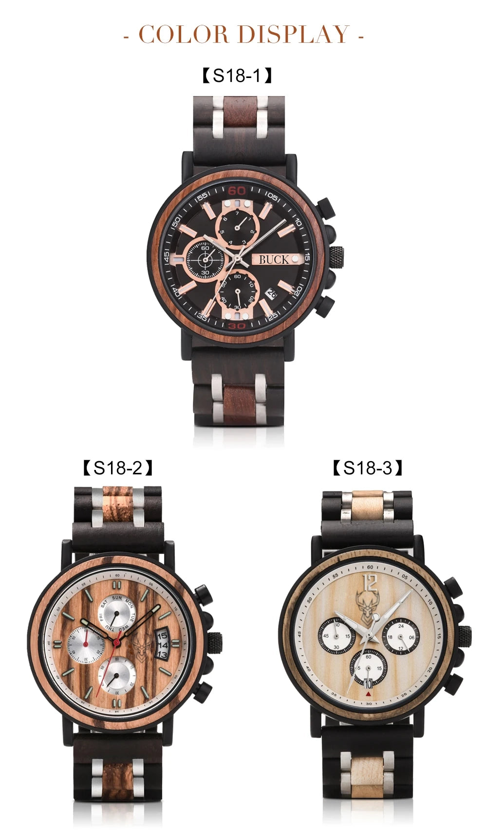 BUCK Wooden Watch Men Top Brand Luxury Stylish Chronograph Military Watches Wooden Box Logo Custom Great Gift reloj hombre