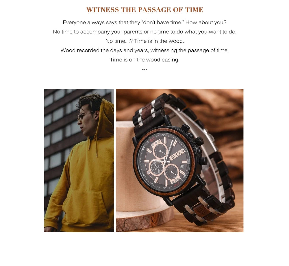 BUCK Wooden Watch Men Top Brand Luxury Stylish Chronograph Military Watches Wooden Box Logo Custom Great Gift reloj hombre