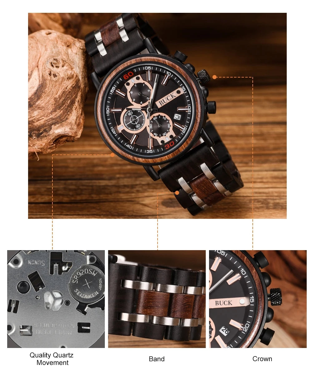 BUCK Wooden Watch Men Top Brand Luxury Stylish Chronograph Military Watches Wooden Box Logo Custom Great Gift reloj hombre