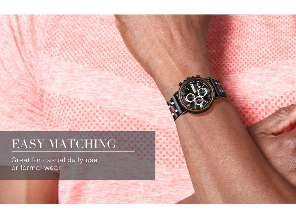 BUCK Wooden Watch Men Top Brand Luxury Stylish Chronograph Military Watches Wooden Box Logo Custom Great Gift reloj hombre