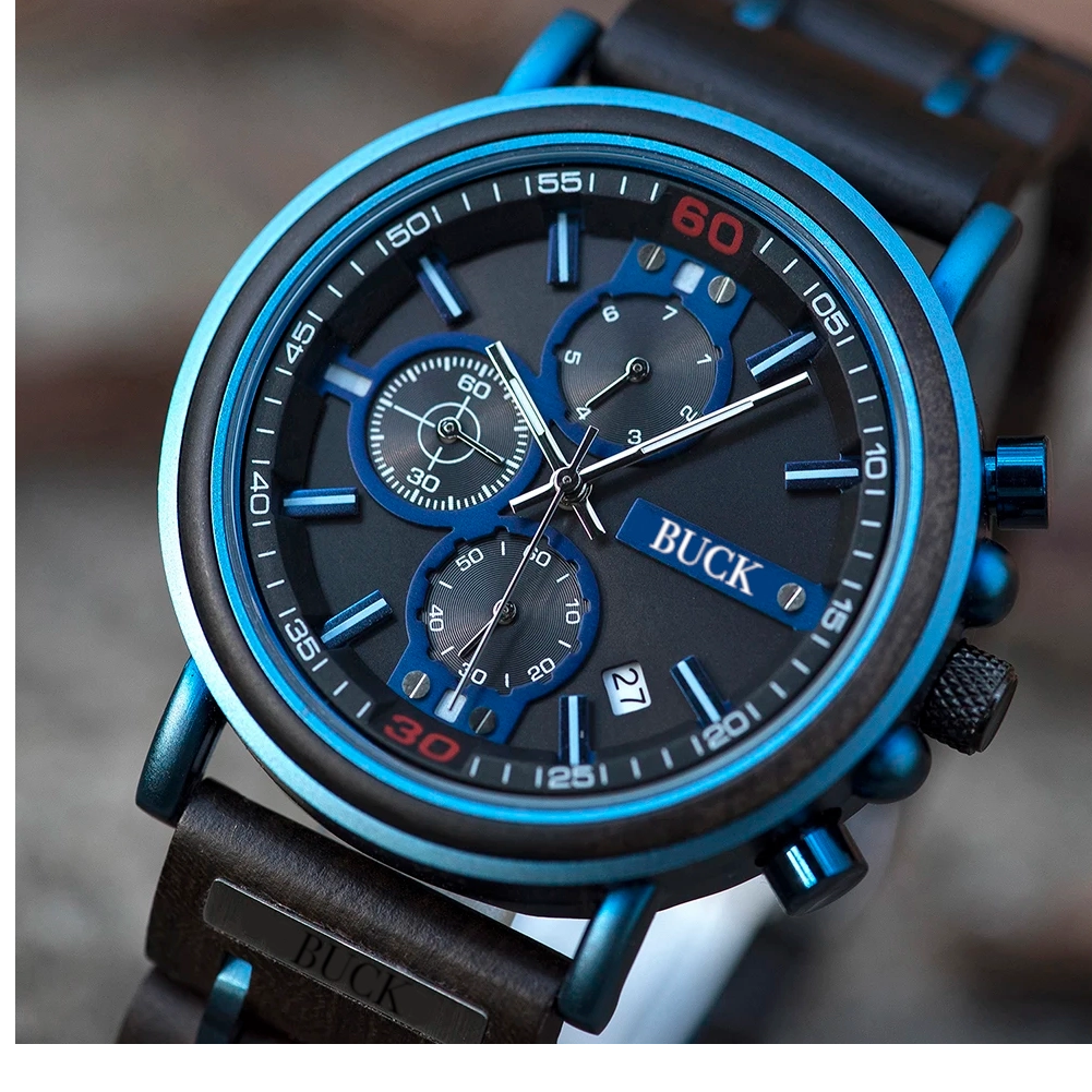 BUCK Wooden Watch Men Top Brand Luxury Stylish Chronograph Military Watches Wooden Box Logo Custom Great Gift reloj hombre