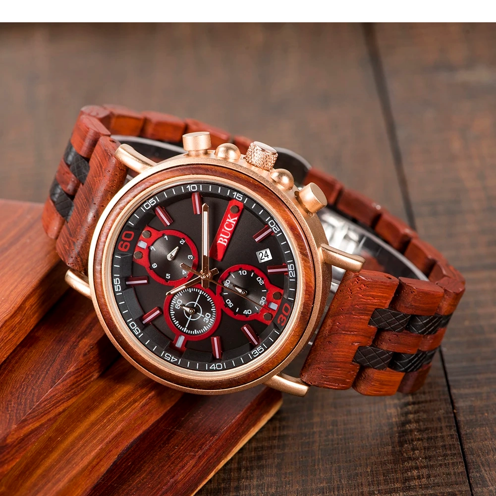 BUCK Wooden Watch Men Top Brand Luxury Stylish Chronograph Military Watches Wooden Box Logo Custom Great Gift reloj hombre