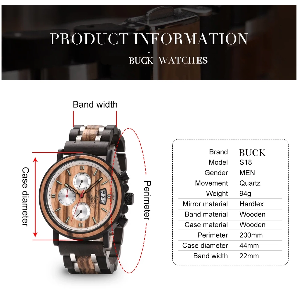 BUCK Wooden Watch Men Top Brand Luxury Stylish Chronograph Military Watches Wooden Box Logo Custom Great Gift reloj hombre