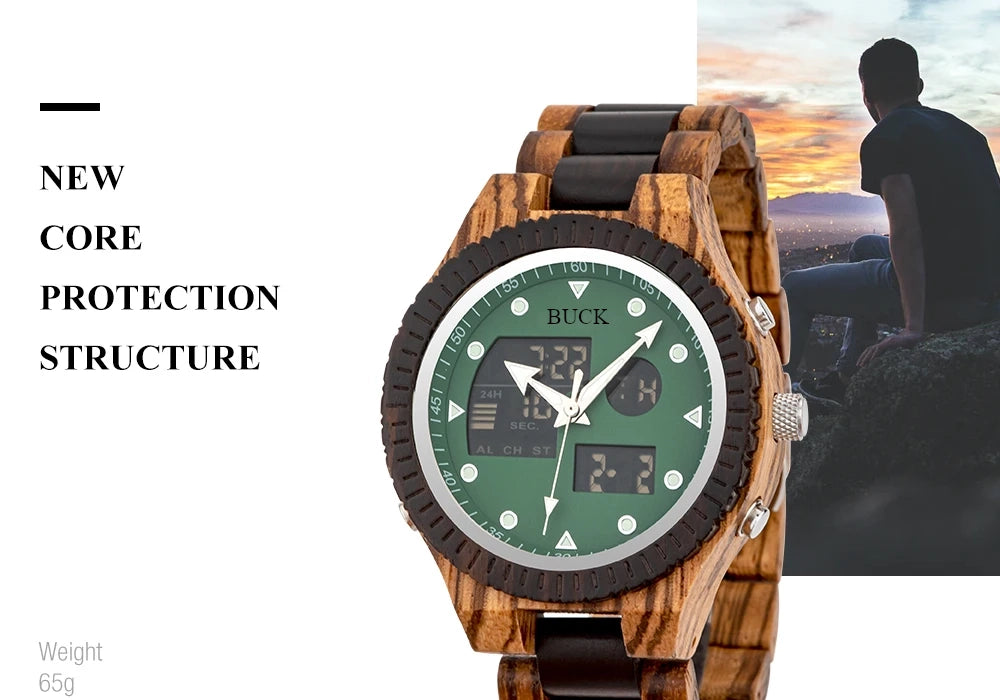 99Quarzt Digital Dual Display BUCK Wooden Watch Luminous Hand Fashion New Design Timepiece relogio masculino with Box