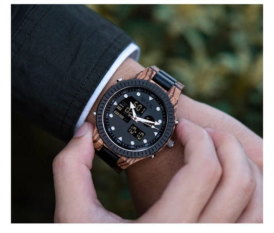 99Quarzt Digital Dual Display BUCK Wooden Watch Luminous Hand Fashion New Design Timepiece relogio masculino with Box