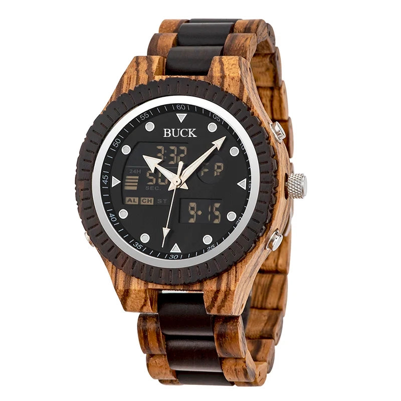 99Quarzt Digital Dual Display BUCK Wooden Watch Luminous Hand Fashion New Design Timepiece relogio masculino with Box