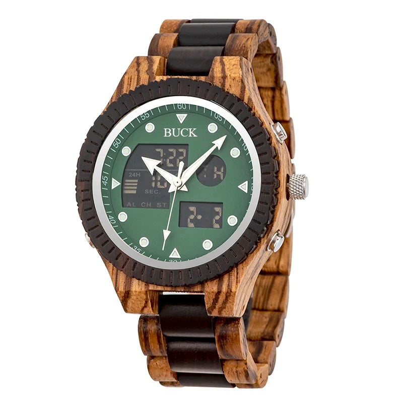 99Quarzt Digital Dual Display BUCK Wooden Watch Luminous Hand Fashion New Design Timepiece relogio masculino with Box