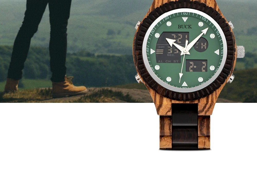 99Quarzt Digital Dual Display BUCK Wooden Watch Luminous Hand Fashion New Design Timepiece relogio masculino with Box