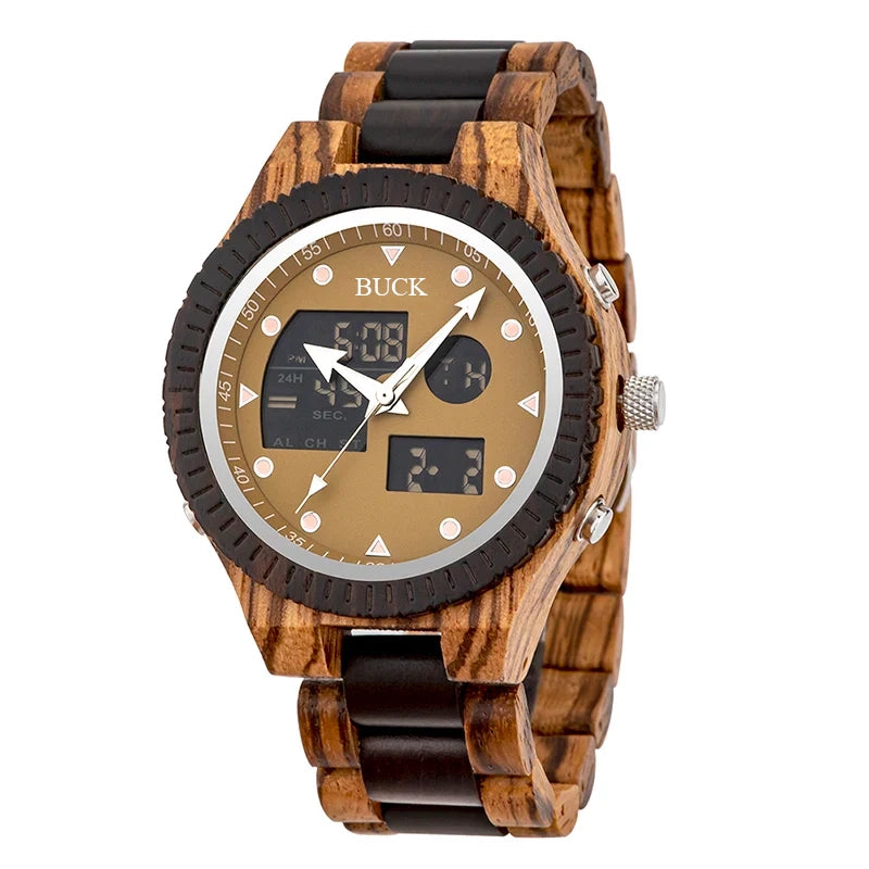 99Quarzt Digital Dual Display BUCK Wooden Watch Luminous Hand Fashion New Design Timepiece relogio masculino with Box