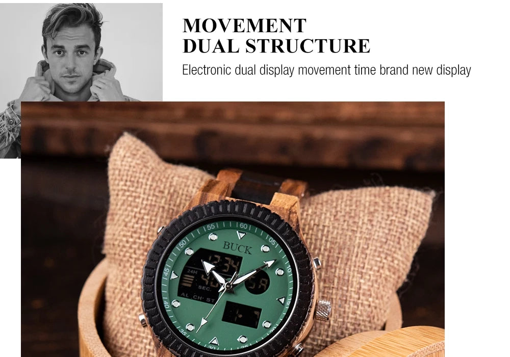 99Quarzt Digital Dual Display BUCK Wooden Watch Luminous Hand Fashion New Design Timepiece relogio masculino with Box