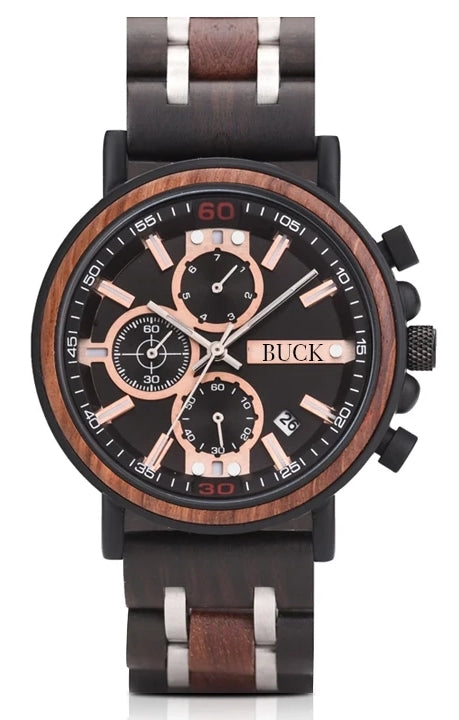 BUCK Wooden Watch Men Top Brand Luxury Stylish Chronograph Military Watches Wooden Box Logo Custom Great Gift reloj hombre