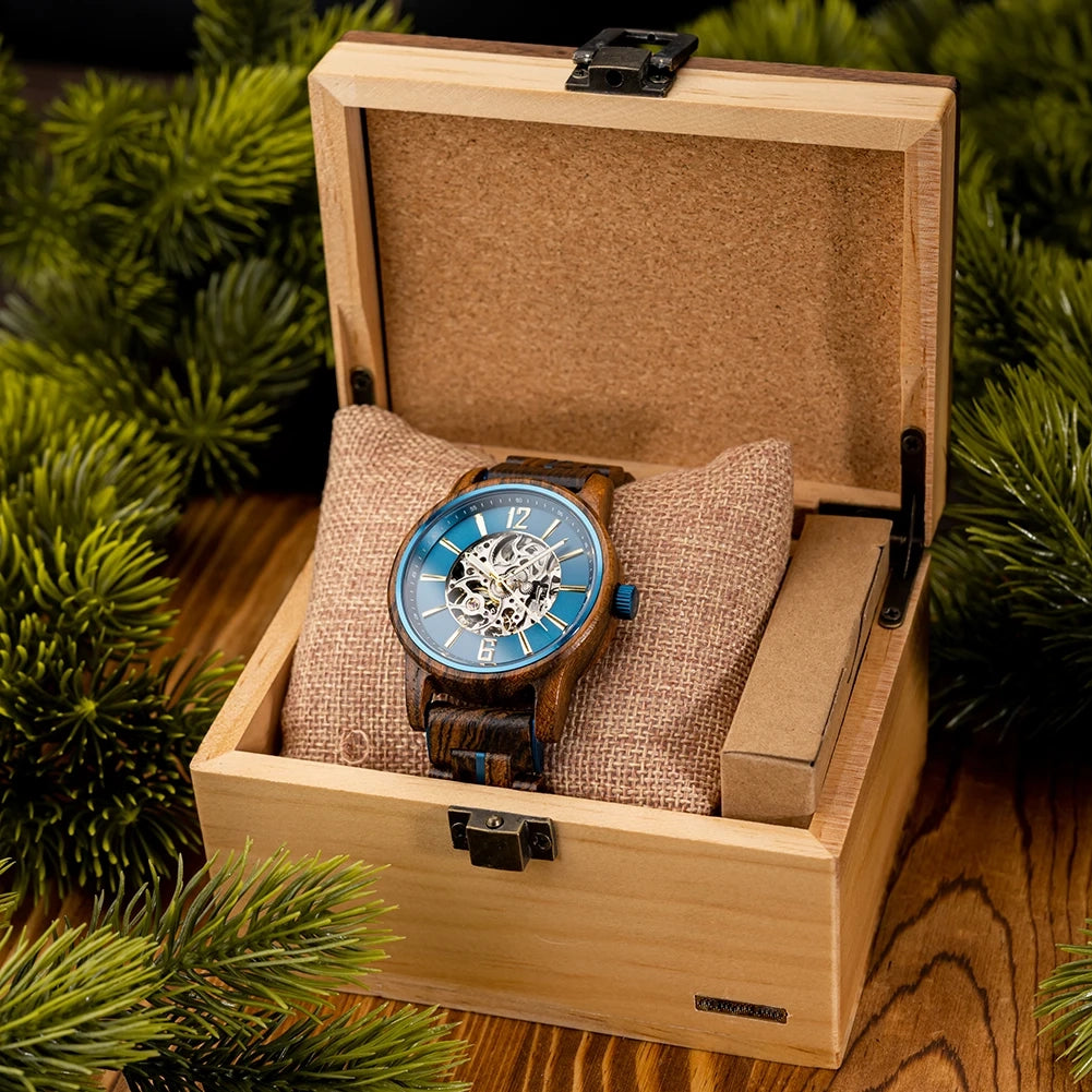 BUCK New Mechanical Watches for Men Real Wood Luxury Skeleton Automatic Watch  Man Gift for Xmas relojes mecánicos
