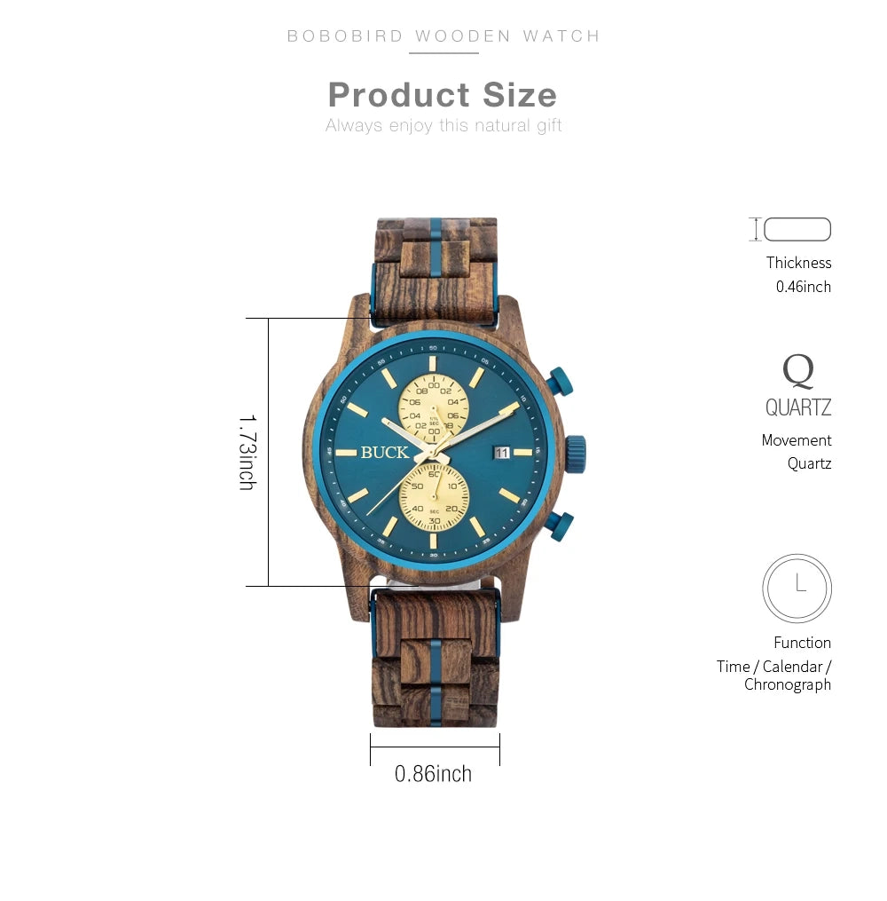 Wooden Watches BUCK Top Luxury Brand Multifunctional Men Quartz Wristwatches Tigerwood Strap montre homme Father's Day