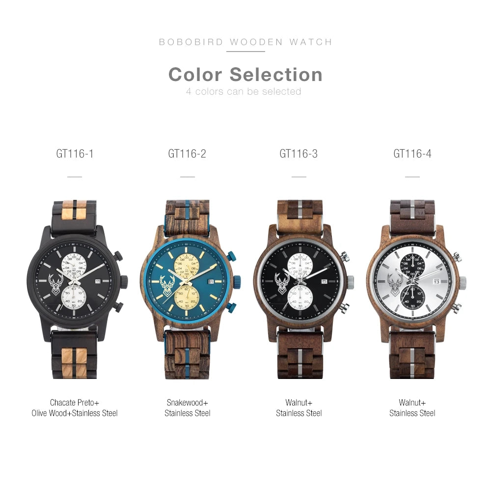 Wooden Watches BUCK Top Luxury Brand Multifunctional Men Quartz Wristwatches Tigerwood Strap montre homme Father's Day