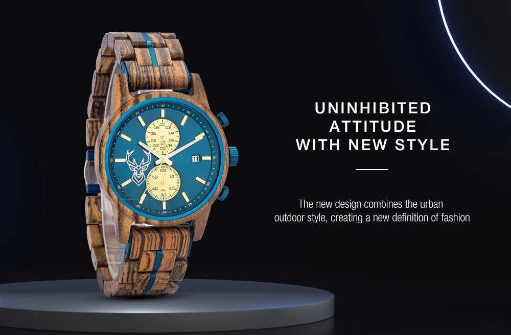 Wooden Watches BUCK Top Luxury Brand Multifunctional Men Quartz Wristwatches Tigerwood Strap montre homme Father's Day