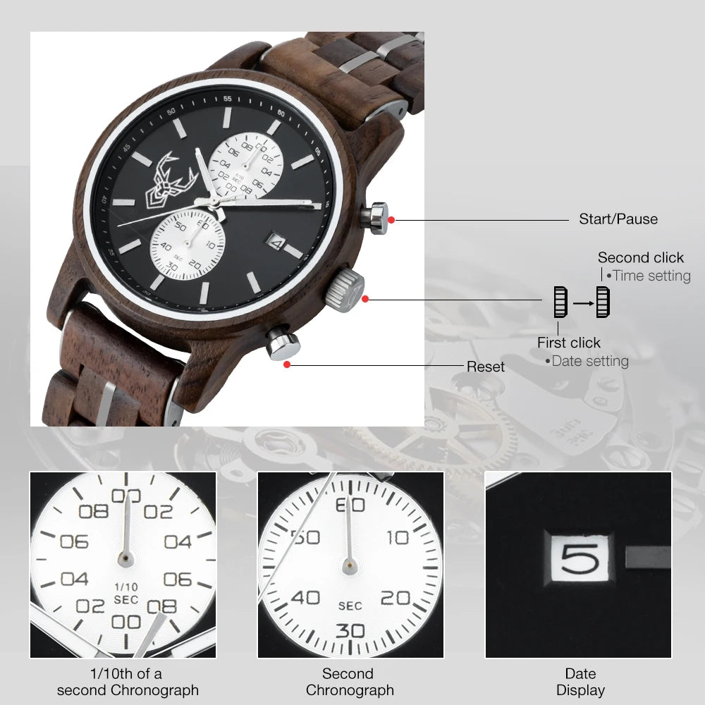 Wooden Watches BUCK Top Luxury Brand Multifunctional Men Quartz Wristwatches Tigerwood Strap montre homme Father's Day