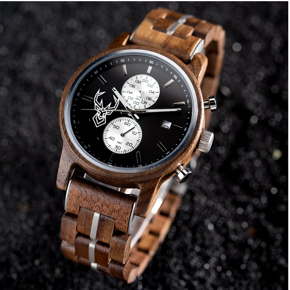 Wooden Watches BUCK Top Luxury Brand Multifunctional Men Quartz Wristwatches Tigerwood Strap montre homme Father's Day