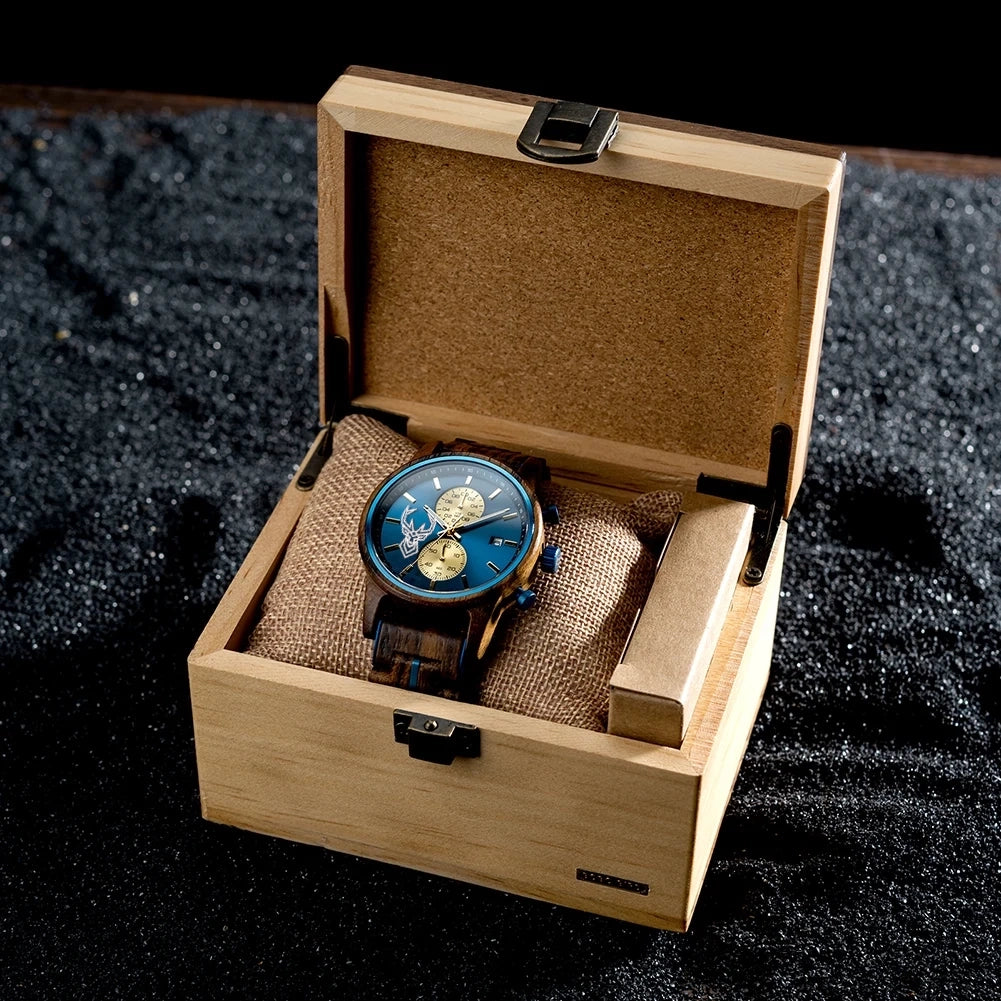 Wooden Watches BUCK Top Luxury Brand Multifunctional Men Quartz Wristwatches Tigerwood Strap montre homme Father's Day