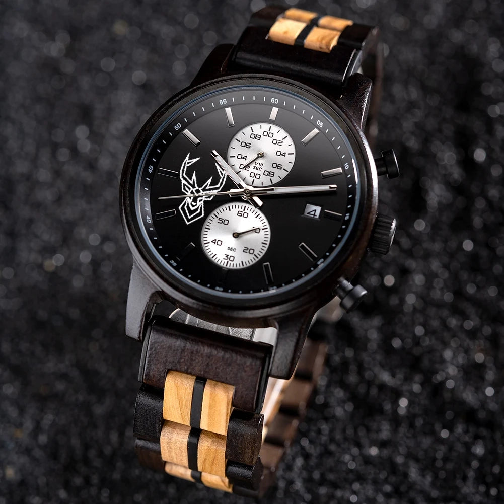 Wooden Watches BUCK Top Luxury Brand Multifunctional Men Quartz Wristwatches Tigerwood Strap montre homme Father's Day