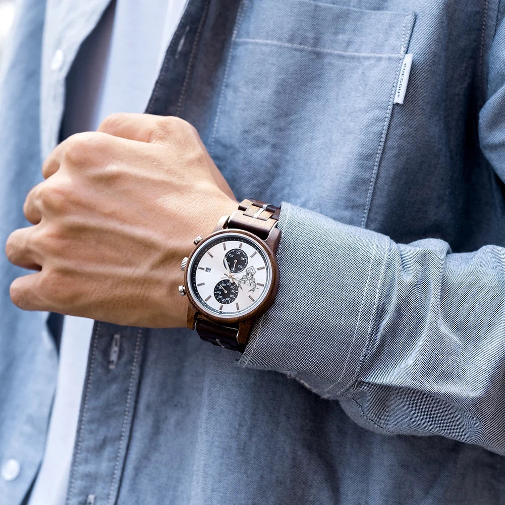 Wooden Watches BUCK Top Luxury Brand Multifunctional Men Quartz Wristwatches Tigerwood Strap montre homme Father's Day