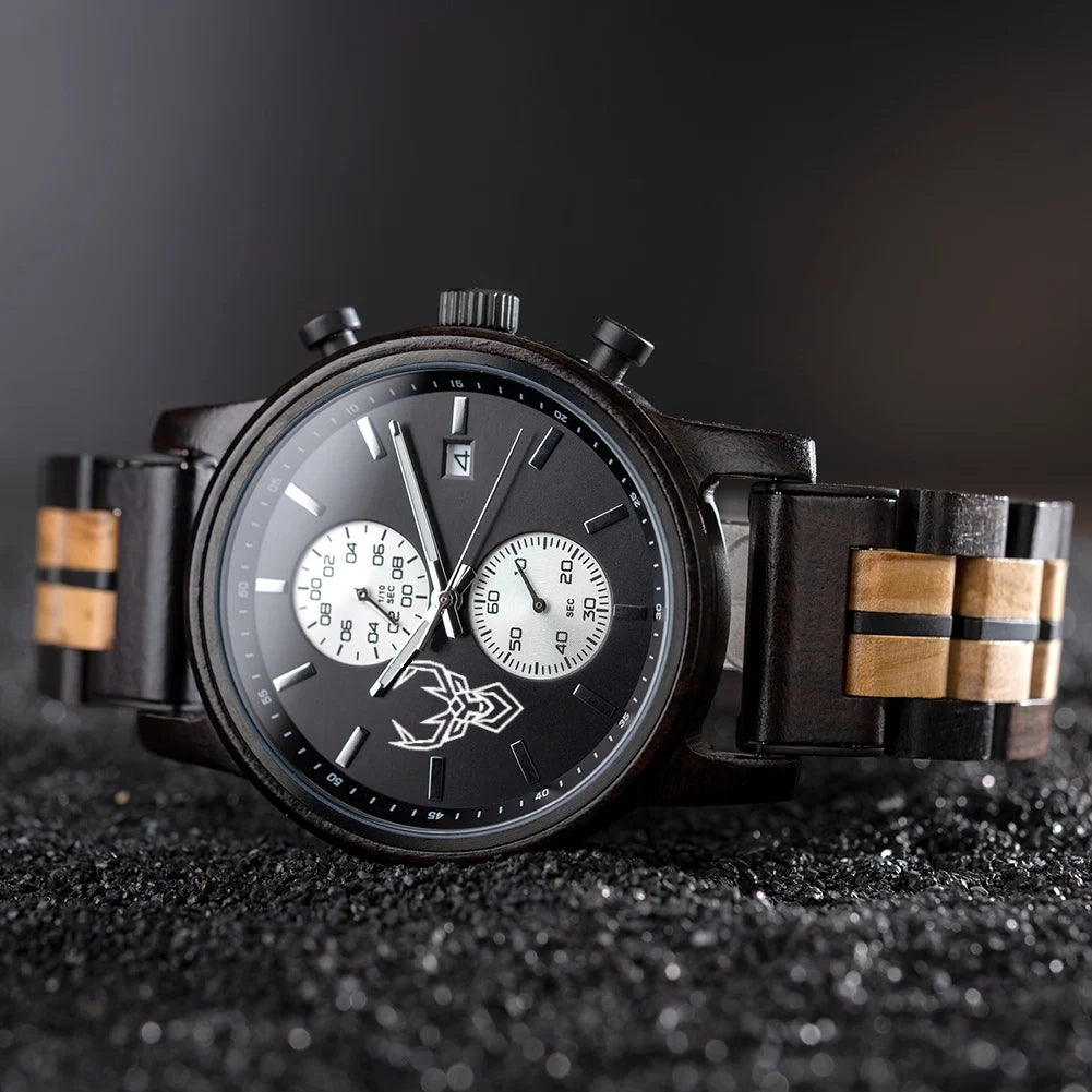 Wooden Watches BUCK Top Luxury Brand Multifunctional Men Quartz Wristwatches Tigerwood Strap montre homme Father's Day