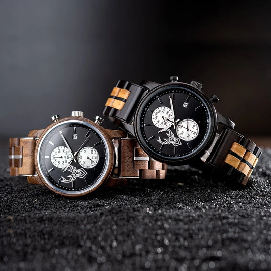 Wooden Watches BUCK Top Luxury Brand Multifunctional Men Quartz Wristwatches Tigerwood Strap montre homme Father's Day