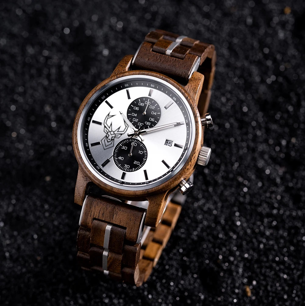 Wooden Watches BUCK Top Luxury Brand Multifunctional Men Quartz Wristwatches Tigerwood Strap montre homme Father's Day